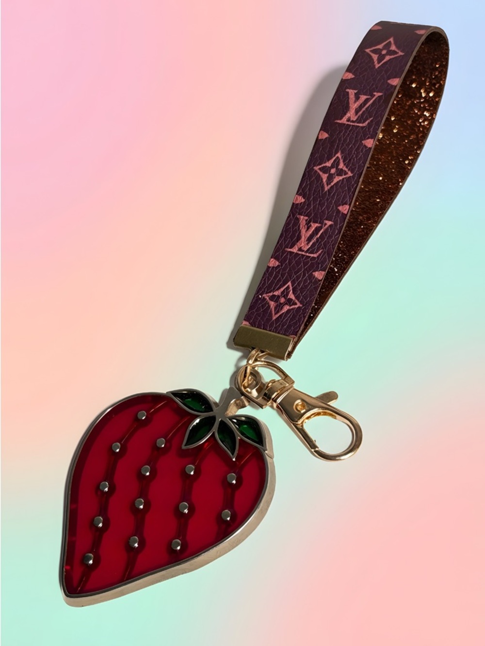Louis Vuitton Pink Monogram Key Holder Strap Wristlet w/ Strawberry Bag Charm